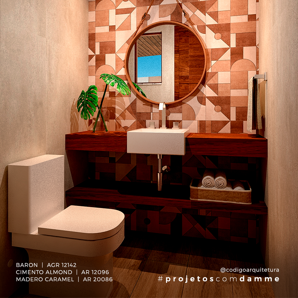 @codigoarquitetura - Banheiro Baron - Cimento Almond - Madero Caramel - Vista 1